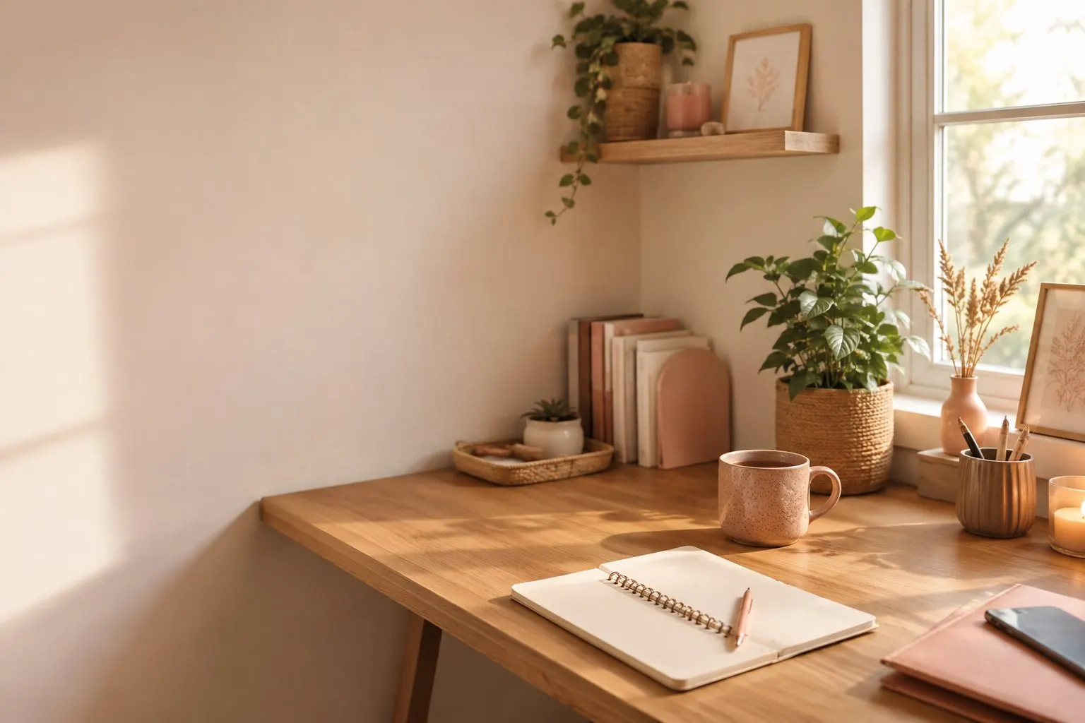 Bureau chaleureux avec carnet, stylo, tasse et plantes - version A